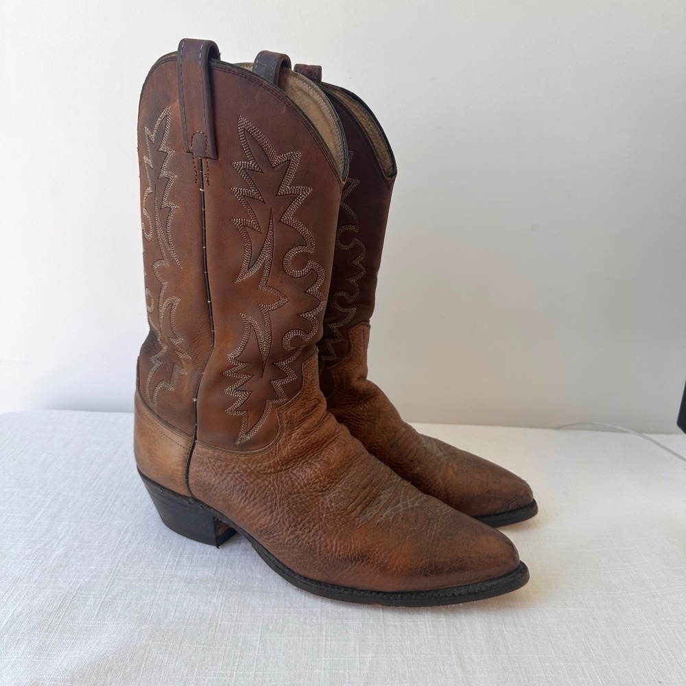 Vintage Dan Post Brown Leather Cowboy Boots‎ Western Pointed Toe Mens Distressed
